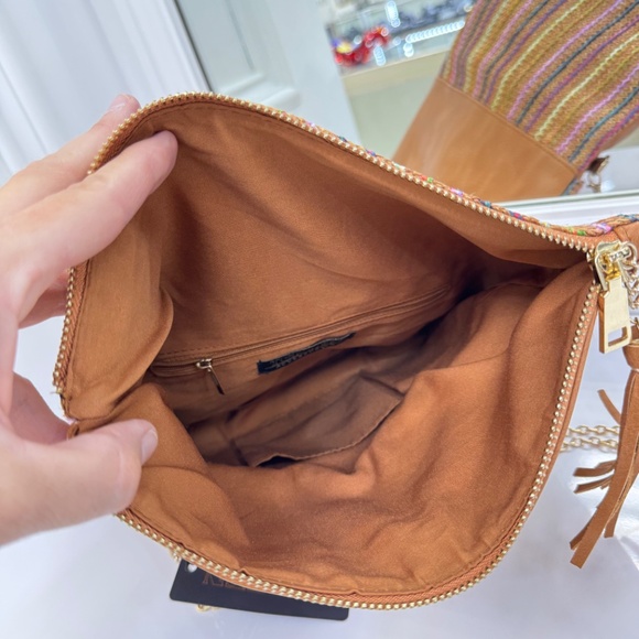 Multicolor Woven Straw Foldover Clutch with Tassel and Chain Strap - Picture 9 of 12